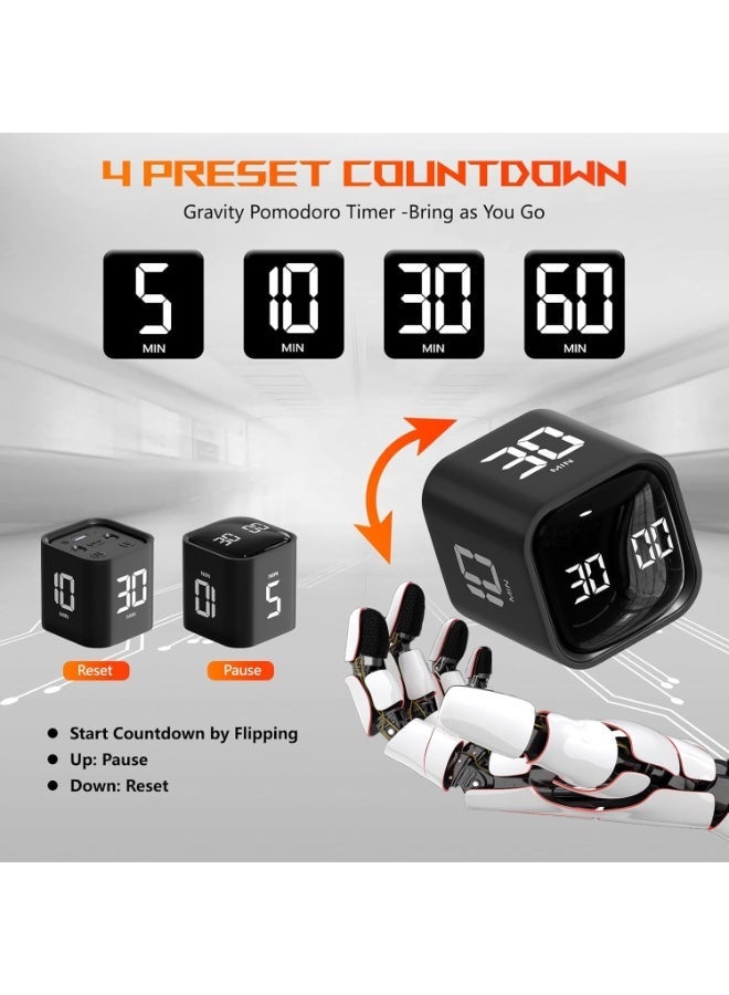 MJZ Productivity Cube Timer, 5/10/30/60 Min Presets + Custom Countdown, Flip Gravity Sensor Cube Timer, Silent/Vibrate/Sound Alarm, Pause & Resume Digital Clock, Desk Timer for Work, Study, Tasks, Kitchen - Image 2