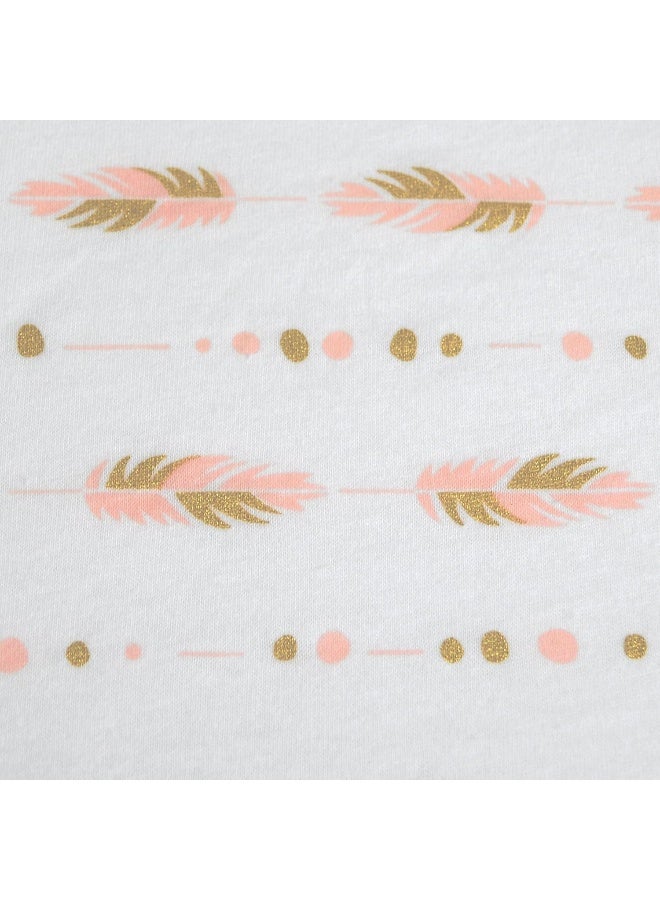 TL Care TL Care Printed 100% Natural Cotton Jersey Knit Fitted Contoured Changing Table Pad Cover, Sparkle Gold/Pink Feathers, Soft Breathable, for Girls  - Image 2