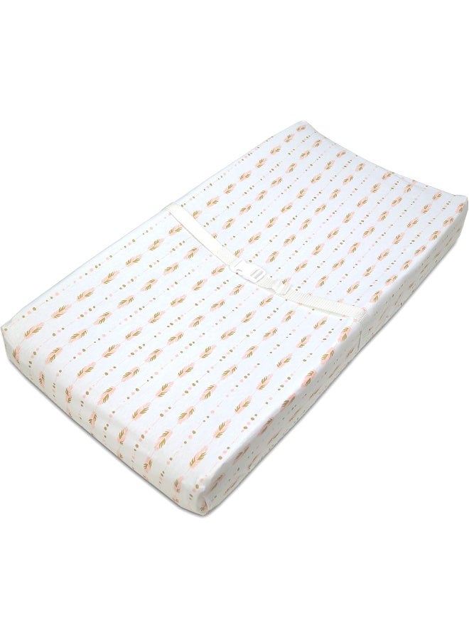 TL Care TL Care Printed 100% Natural Cotton Jersey Knit Fitted Contoured Changing Table Pad Cover, Sparkle Gold/Pink Feathers, Soft Breathable, for Girls  - Image 1