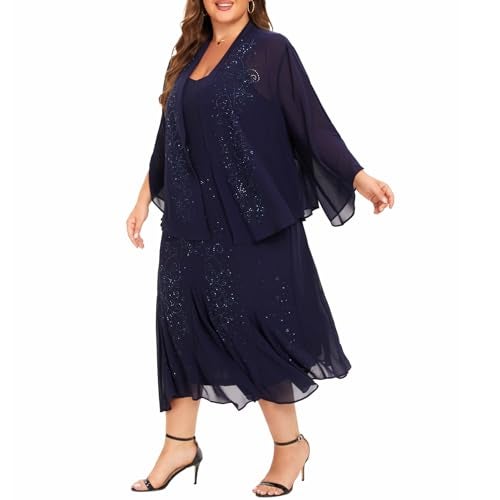 WTJIAPAI Plus Size Jacket Dress Suits 2 Piece Chiffon Sets Delicate Rhinestone Pattern Mother of Bride Dresses for Wedding Blue - Image 3