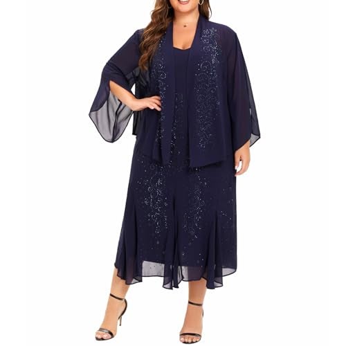 WTJIAPAI Plus Size Jacket Dress Suits 2 Piece Chiffon Sets Delicate Rhinestone Pattern Mother of Bride Dresses for Wedding Blue - Image 1