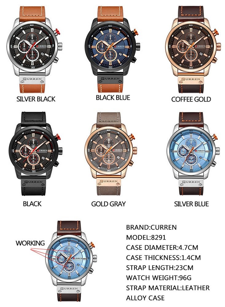 Men's Quartz Watch Waterproof, Leather Strap, 8291