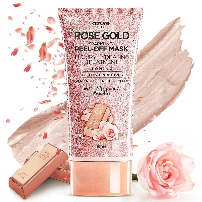 Azure Cosmetics Rose Gold Hydrating Peel Off Face Mask Dermatologist Tested  Anti Aging Toning  Rejuvenating  Removes Blackheads Dirt  Oils  Real 24K Gold  Rose Hip Oil  507 floz