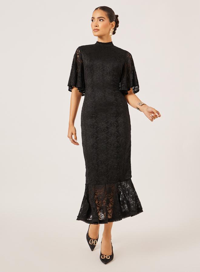 Styli Flutter Sleeve Fitted Lace Midi Dress  - Image 1