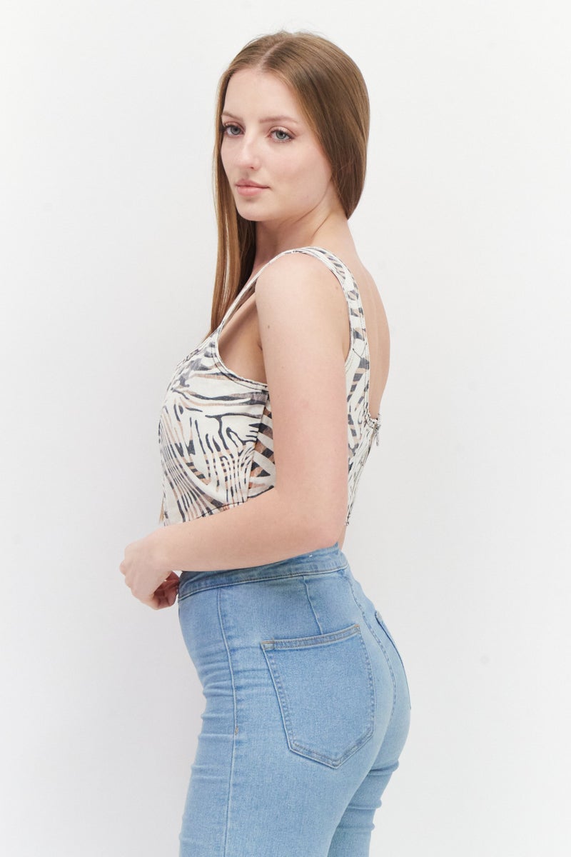 RIVER ISLAND Women Square Neck Sleeveless Abstract Crop Top, Beige - Image 2