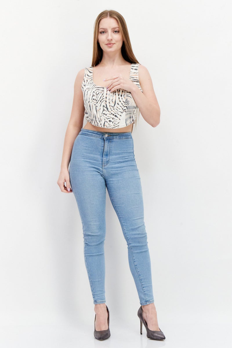 RIVER ISLAND Women Square Neck Sleeveless Abstract Crop Top, Beige - Image 4