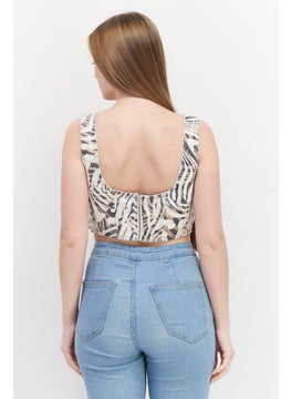 RIVER ISLAND Women Square Neck Sleeveless Abstract Crop Top, Beige  - Image 3