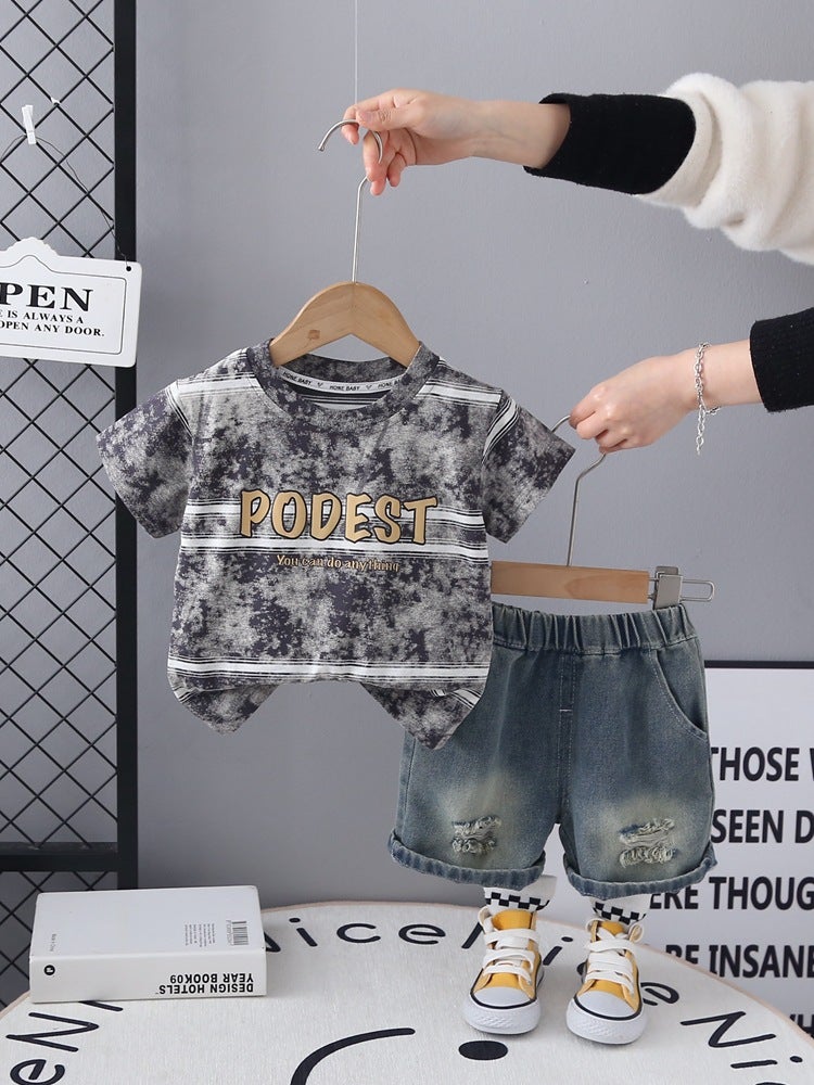 Boys Suit Style Boys Summer Style Batik Stripesd Letter Short-Sleeved Ripped Denim Shorts Two Pieces - Image 5