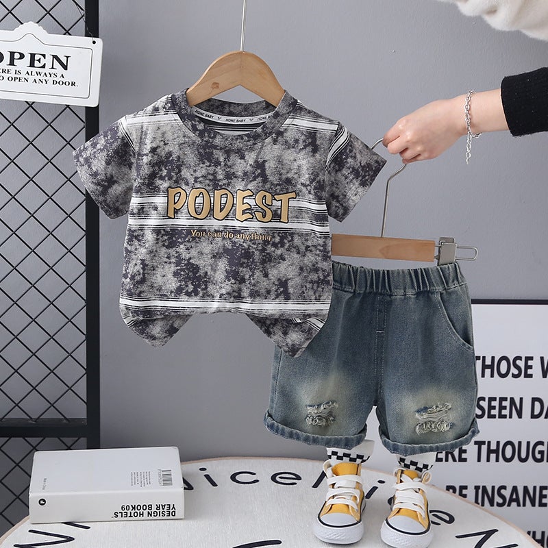 Boys Suit Style Boys Summer Style Batik Stripesd Letter Short-Sleeved Ripped Denim Shorts Two Pieces - Image 1