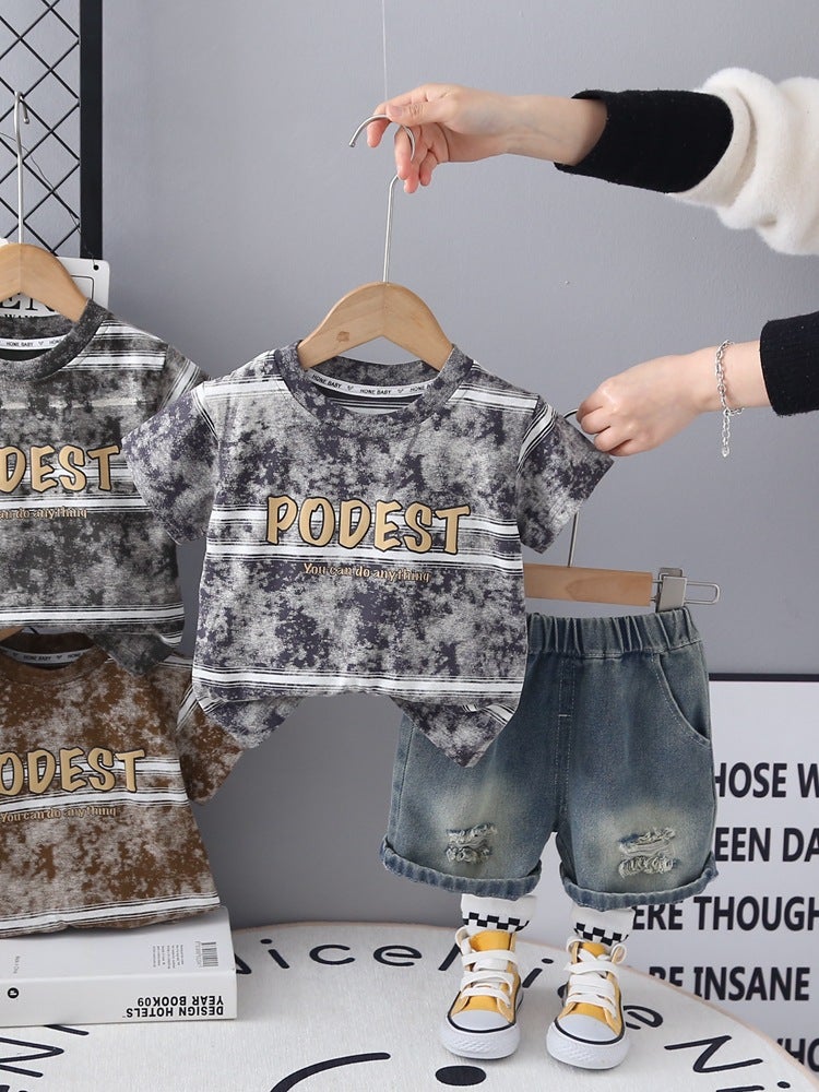 Boys Suit Style Boys Summer Style Batik Stripesd Letter Short-Sleeved Ripped Denim Shorts Two Pieces - Image 2