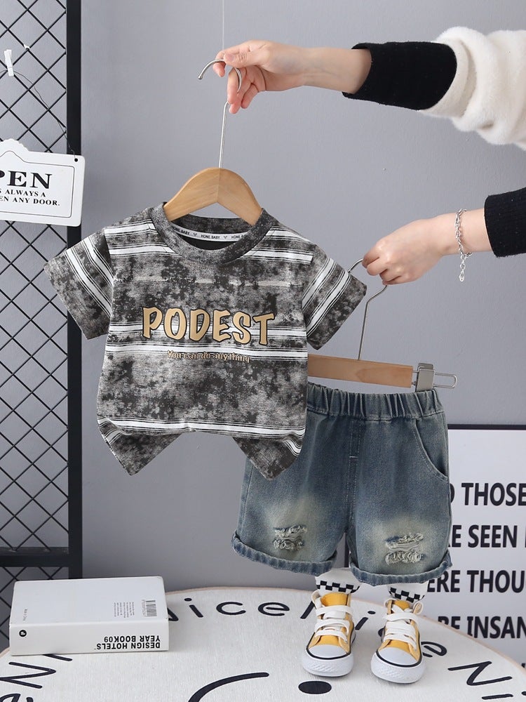 Boys Suit Style Boys Summer Style Batik Stripesd Letter Short-Sleeved Ripped Denim Shorts Two Pieces - Image 4