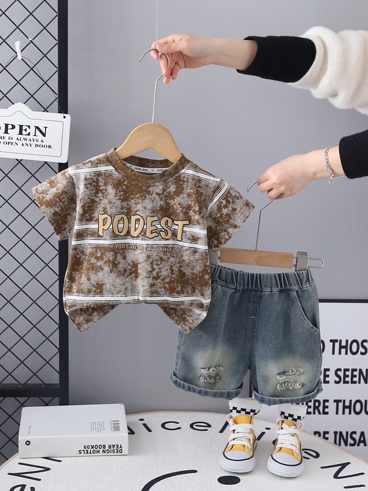 Boys Suit Style Boys Summer Style Batik Stripesd Letter Short-Sleeved Ripped Denim Shorts Two Pieces - Image 3