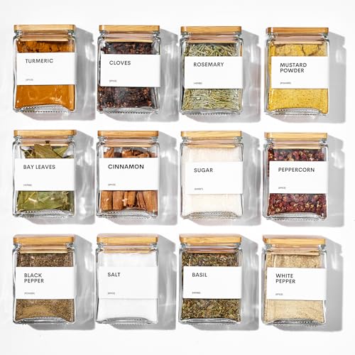 MUVEKA Glass Spice Jars with Bamboo Lid, 4oz Square Spice Containers for Pantry Organization, Seasoning Bottles with Labels, Spoons, Funnel for Salt Sugar - Image 1
