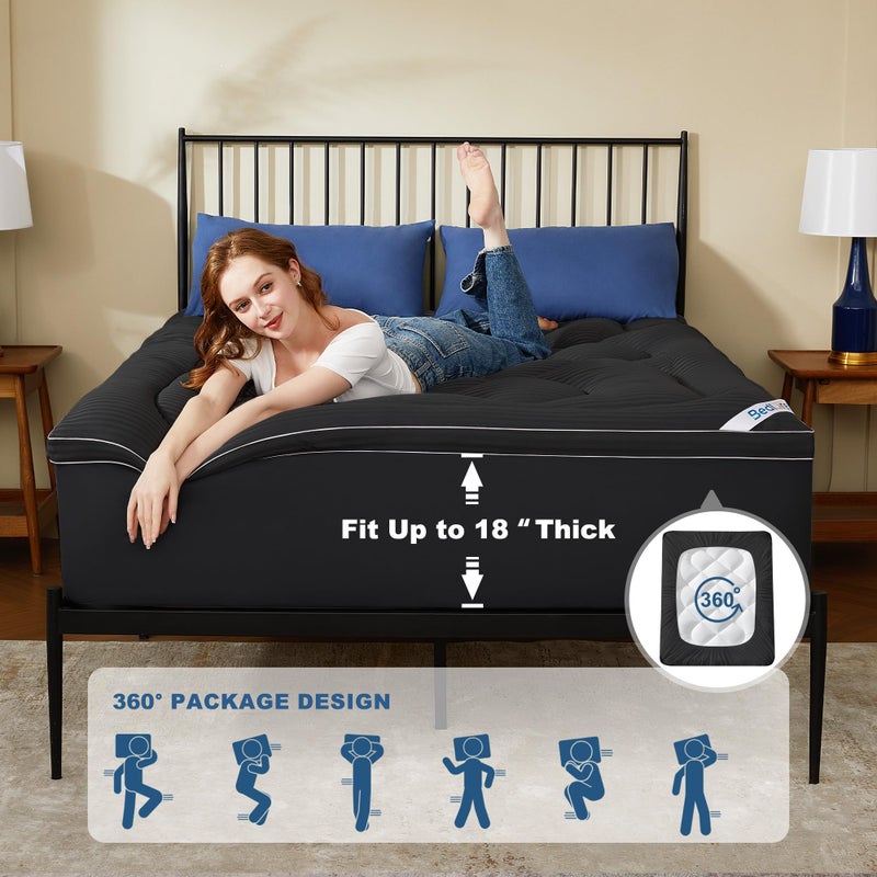 BEDLORE King Mattress Topper, Thick Pillow Top Pad for Back Pain Relief, Soft Mattress Cover with Deep Pockets 6-18 inch(Black) - Image 4