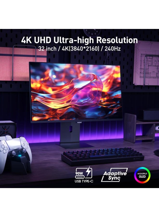 KOORUI 32-Inch UHD 4K OLED Gaming Monitor | 3840×2160, 240Hz Refresh Rate, 0.03ms GTG, HDR True Black 400, Adaptive Sync, 2× HDMI, DisplayPort, 90W USB-C, USB-A 3.0 Tilt/Pivot/Swivel/Height Adjustable Stand, VESA Mount – Ultra-Smooth Esports Display S3241XO - Image 2
