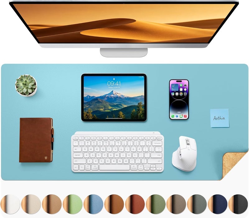 Aothia Cork Desk Mat, Double-Sided Desk Mat with Natural Cork and PU Leather, Mouse Mat/Desk Protector, Easy to Clean, Waterproof for Office/Home (Blue Topaz, 96 x 43 cm) - Image 1