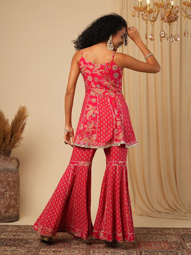 globus Women Paisley Printed Shoulder Straps Sleeveless Ethnic Tunic With Sharara