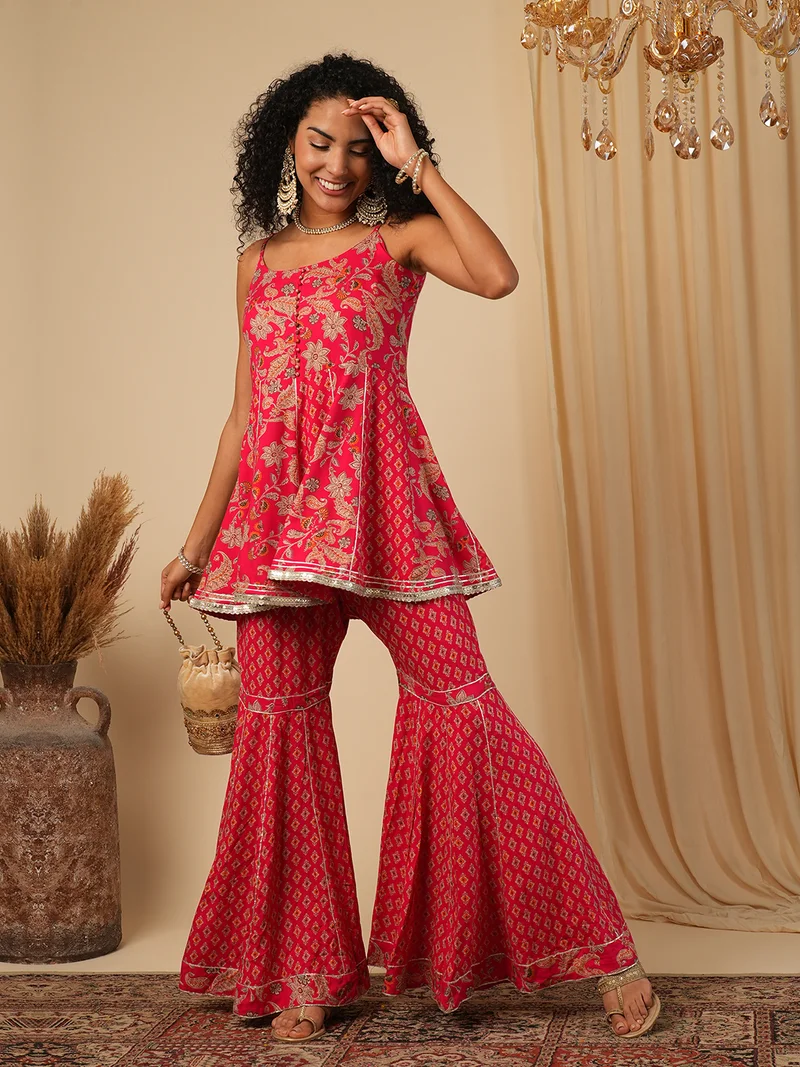 globus Women Paisley Printed Shoulder Straps Sleeveless Ethnic Tunic With Sharara