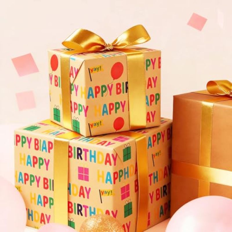 Birthday-themed kraft paper roll with printed "Happy Birthday" balloons in a vintage style, suitable for all ages (17 inches wide x 393.7 inches long), multi-colored. - Image 4