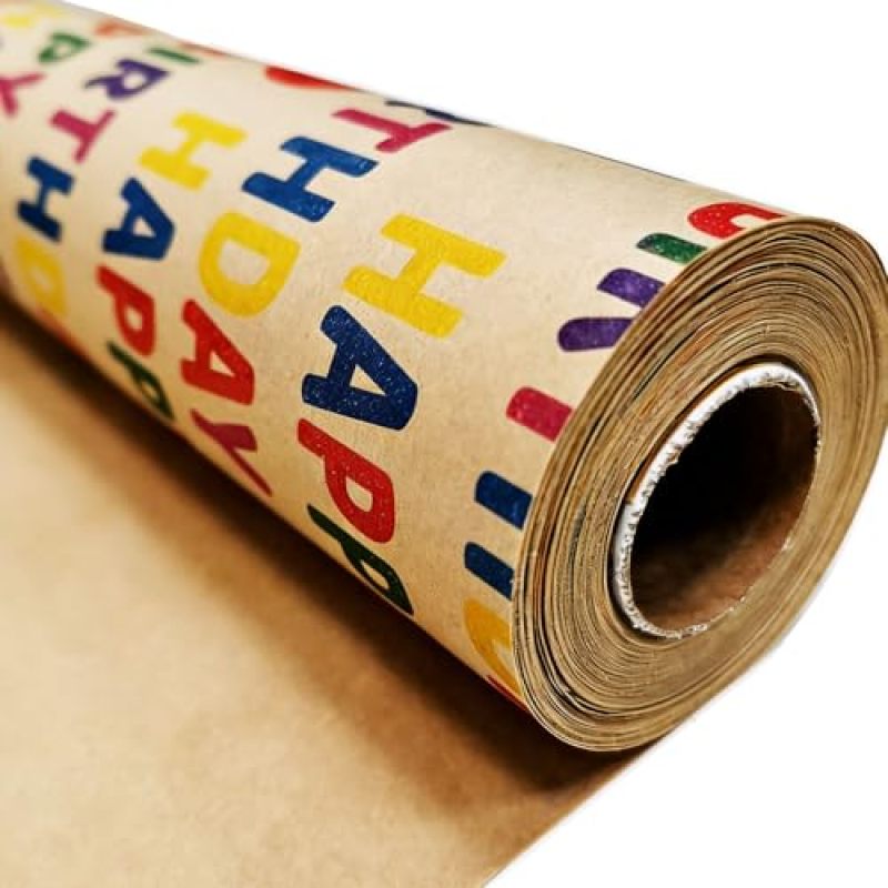 Birthday-themed kraft paper roll with printed "Happy Birthday" balloons in a vintage style, suitable for all ages (17 inches wide x 393.7 inches long), multi-colored. - Image 1