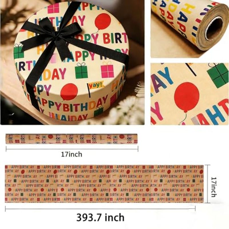 Birthday-themed kraft paper roll with printed "Happy Birthday" balloons in a vintage style, suitable for all ages (17 inches wide x 393.7 inches long), multi-colored. - Image 2