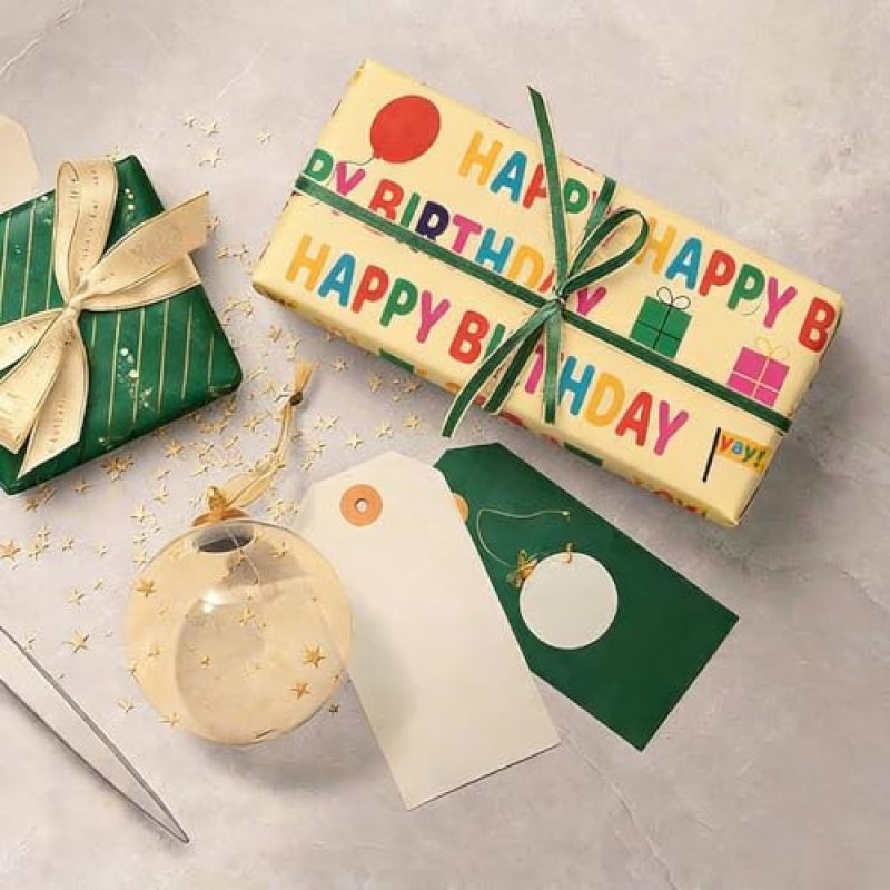 Birthday-themed kraft paper roll with printed "Happy Birthday" balloons in a vintage style, suitable for all ages (17 inches wide x 393.7 inches long), multi-colored. - Image 3