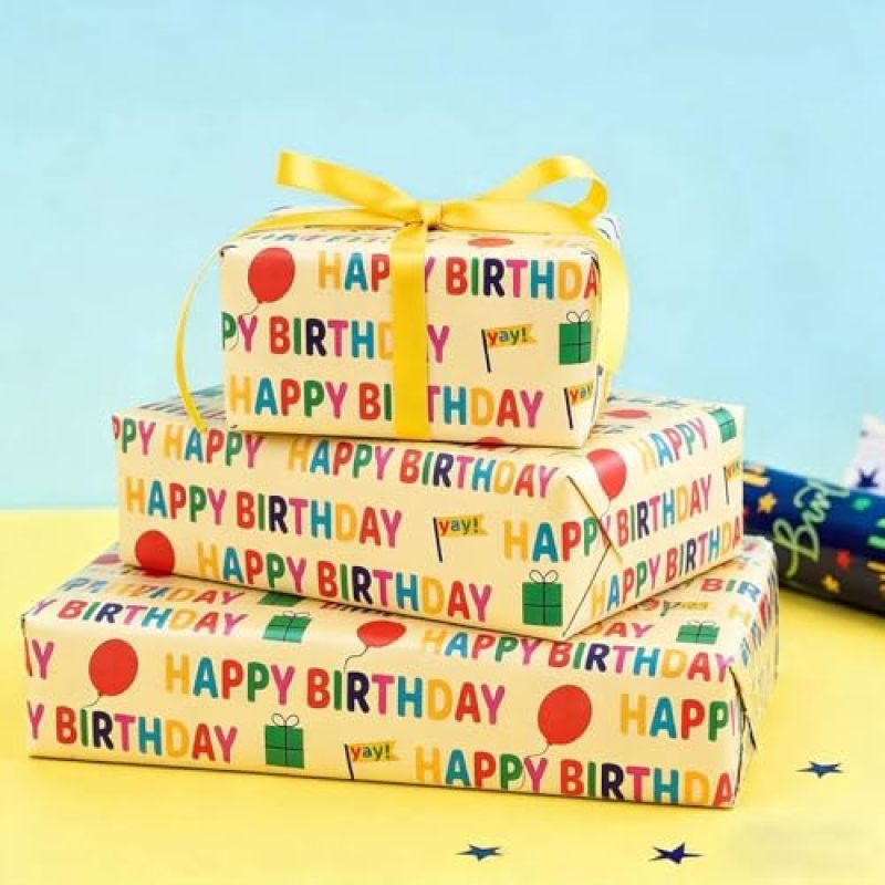 Birthday-themed kraft paper roll with printed "Happy Birthday" balloons in a vintage style, suitable for all ages (17 inches wide x 393.7 inches long), multi-colored. - Image 5
