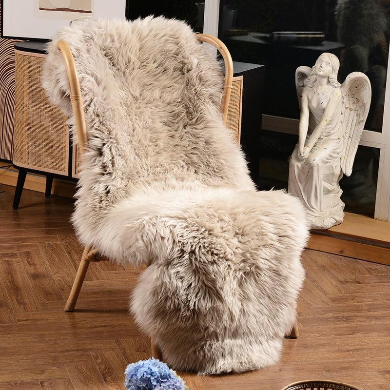 LLB Genuine Sheepskin Area Rug Wool Rug Fur Carpet Fluffy Shaggy Fur Rug for Living Room Kids Bedroom Real Sheepskin Throw Lambskin Rugs Sofa Mat Chair Seat Covers Cream Brown 2 x 6 ft Sheepskin