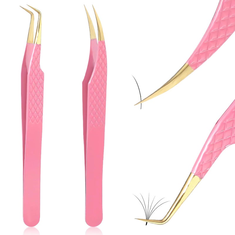 Kerros 2PCS Professional Lash Tweezers Set, Bent & Straight Tip Precision Eyelash Extension Tweezers for False Lashes, Non-Slip Grip - Image 1