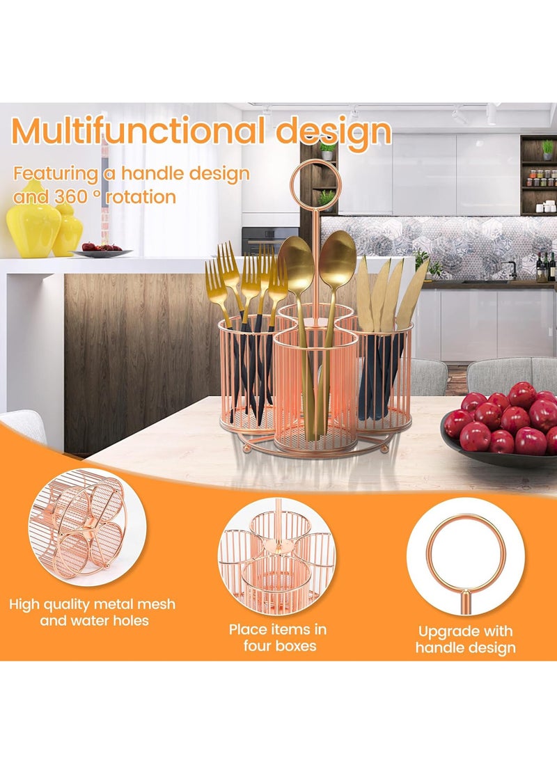 Hihonor 360° Rotating Metal Utensil Caddy, 4 Compartment Silverware Caddy Cutlery Caddy Fork Spoon Knife Utensil Organizer, Multifunctional Utensil Holder for Parties Desk Organizer Caddy Pen Pencil Holder, Pink  - Image 5