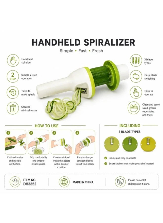 Danny Home Handheld Vegetable Spiralizer with 3 Interchangeable Blades, Manual Spiral Slicer for Cucumber, Zucchini & Vegetables, Easy Twist Vegetable Noodle Cutter, White & Green - Image 2