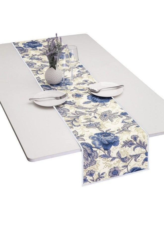 mookaitedecor Cotton Table Runner Blue Flower Table Runners For Dinner Parties Weddings Decor & Everyday Use 12 X 52 Inch  - Image 2