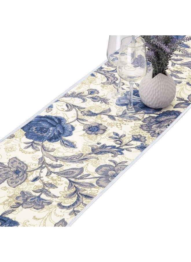 mookaitedecor Cotton Table Runner Blue Flower Table Runners For Dinner Parties Weddings Decor & Everyday Use 12 X 52 Inch  - Image 3