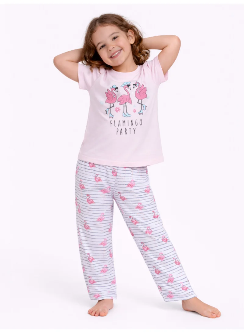 Victor And Jane  Girls Flamingo Print Cotton Pajama Set – T-Shirt & Full Pants Nightwear for Women | Best Price UAE