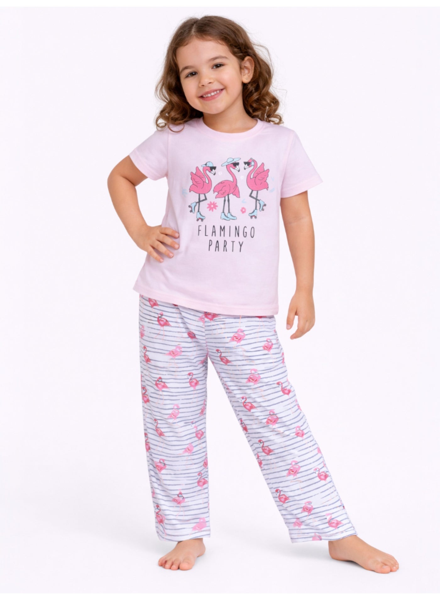 victor and jane Girls Flamingo Print Cotton Pajama Set – T-Shirt & Full Pants Nightwear