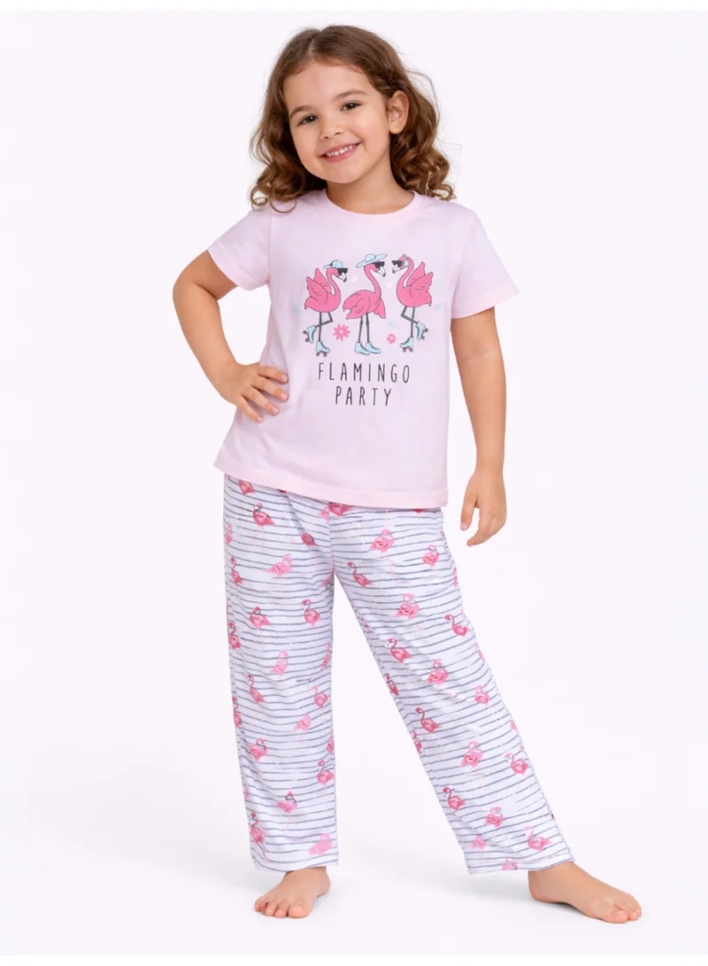 فكتور اند جين Girls Flamingo Print Cotton Pajama Set – T-Shirt & Full Pants Nightwear
