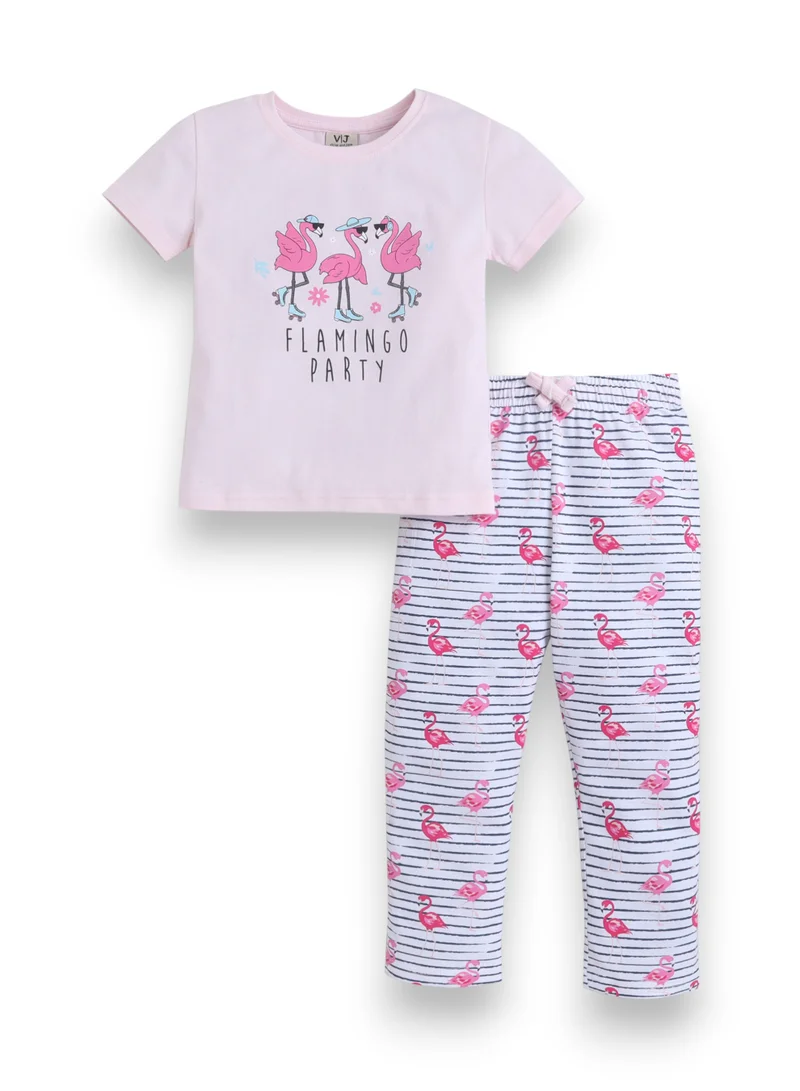 فكتور اند جين Girls Flamingo Print Cotton Pajama Set – T-Shirt & Full Pants Nightwear