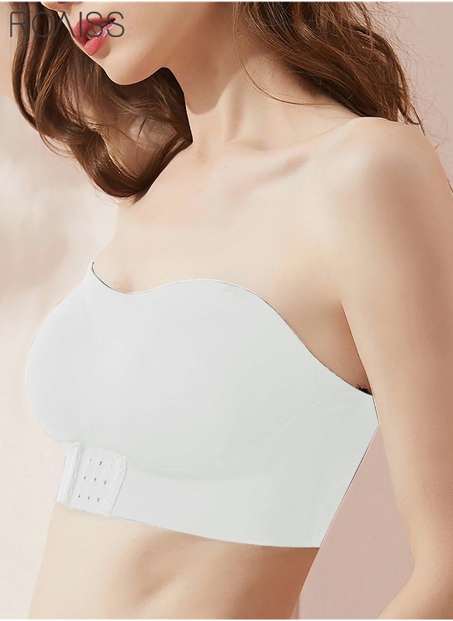 roaiss - Women's Strapless Bralette Tube Top Bras Lightweight Gathered Seamless Low-cut Backless for Wedding Dress Air Invisible Bra Sweet Comfort Underwear Soft Push Up Lingerie White - Image 1