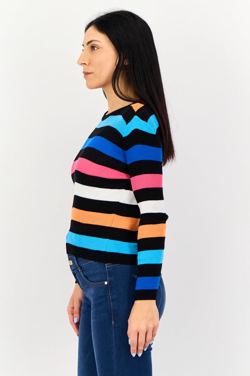 ONLY Women Ribbed Neck Long Sleeves Yarn Dyed T-Shirt, Multicolor - Image 2