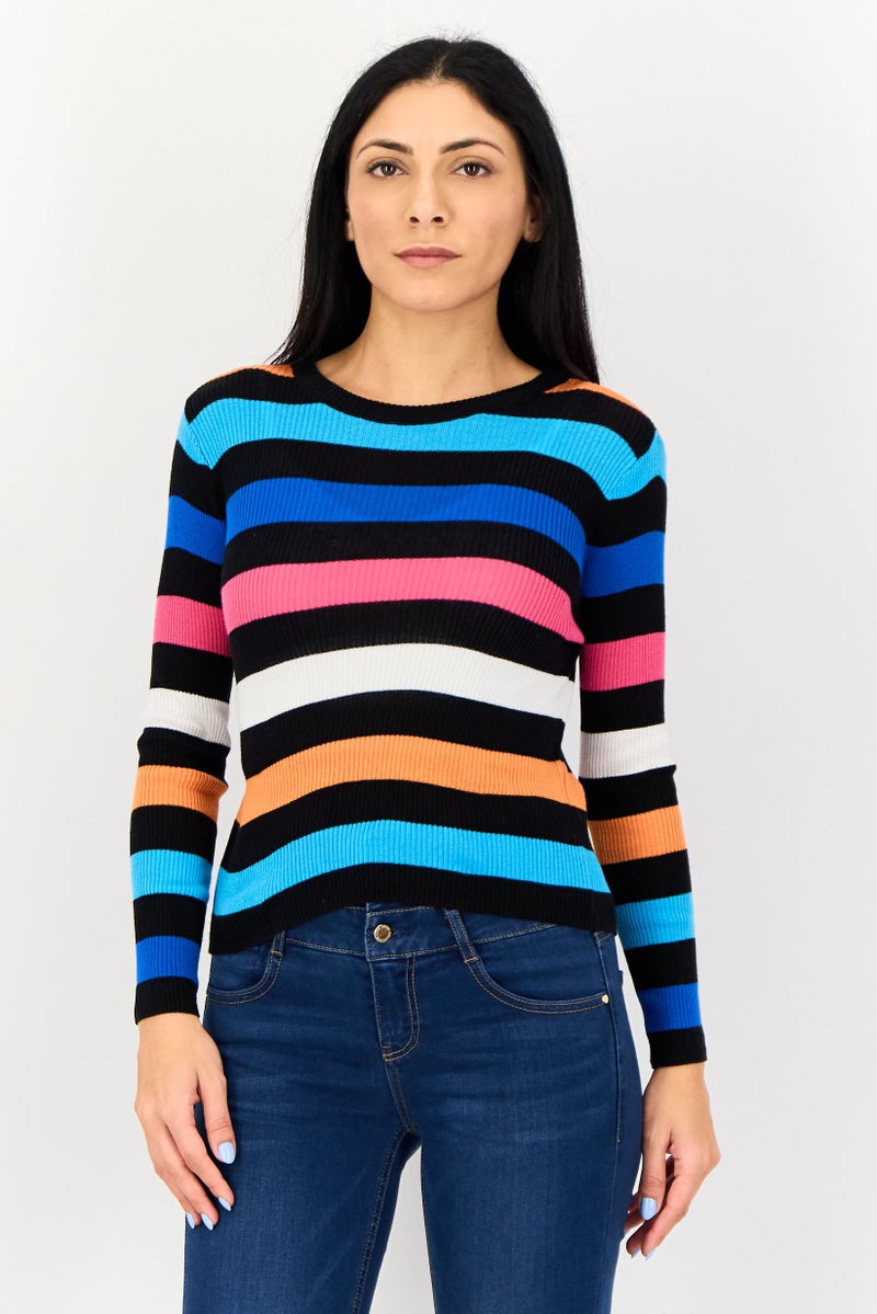 ONLY Women Ribbed Neck Long Sleeves Yarn Dyed T-Shirt, Multicolor - Image 1