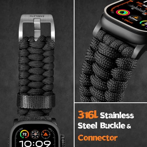 Bandletic 550 Paracord Band Compatible with Apple Watch Bands for Men - Rugged Survival Nylon Strap Braided for iWatch Ultra3 Band 49mm Series 11/10 46mm, 9/8/7 45mm,SE3/6/SE/5/4 44mm,3/2/1 42mm,Black - Image 5