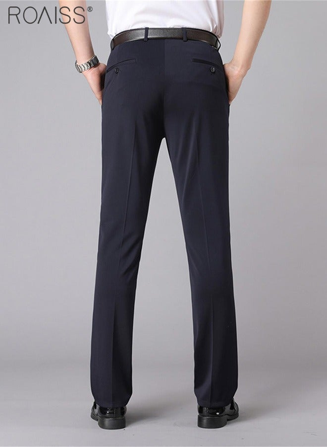 رويس بنطلون أزياء رجالي كاجوال رجالي عملي صيفي خفيف ومرن عالي المرونة كلاسيكي أزرق كحلي بنطلون بدلة كلاسيكي أزرق كحلي ضيق مقاوم للتجاعيد عالي الخصر مستقيم مع جيوب على كلا الجانبين - Image 3