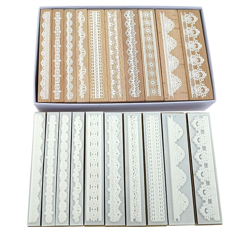 ALIMITOPIA ALIMITOPIA Diary Stamp SetWooden Rubber Flower Signet Stamps for Children DIY Scrapbooking Planner Card Making10pcsLace B  - Image 1