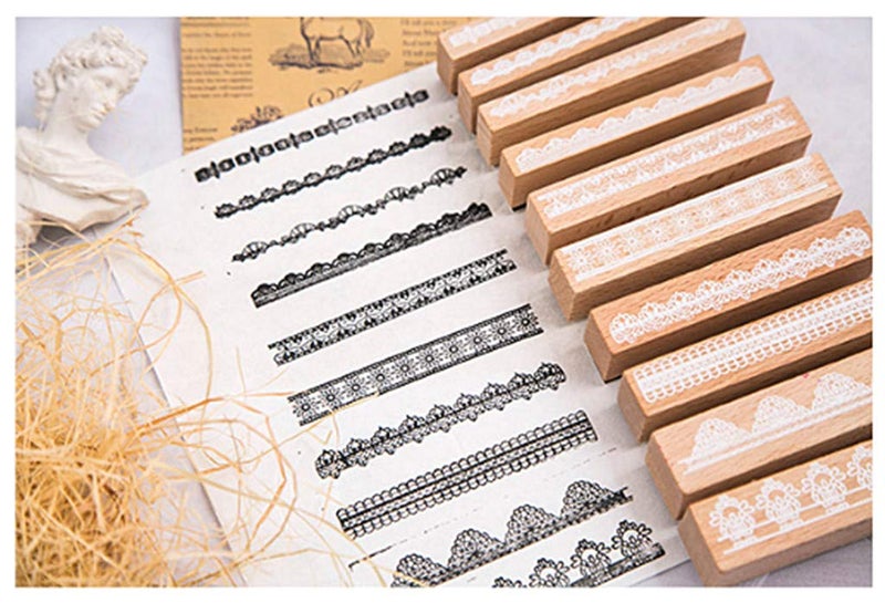 ALIMITOPIA ALIMITOPIA Diary Stamp SetWooden Rubber Flower Signet Stamps for Children DIY Scrapbooking Planner Card Making10pcsLace B  - Image 4