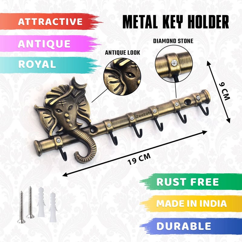 Zeetab Diamond Ganesha Key Holder & Hanger | Metal Lord Ganpati Key Stand with 6 Hook Wall Mount | Home Decor Housewarming Gift (Antique Brass) - Image 2