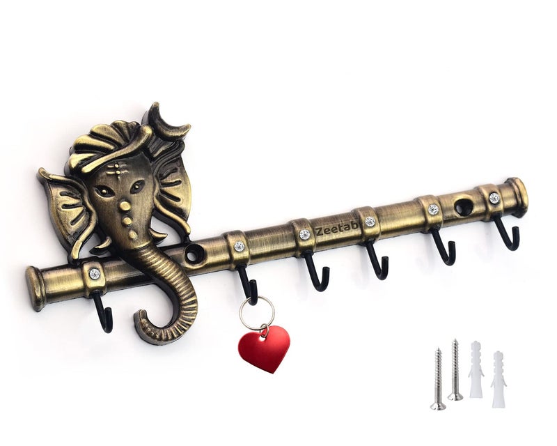 Zeetab Diamond Ganesha Key Holder & Hanger | Metal Lord Ganpati Key Stand with 6 Hook Wall Mount | Home Decor Housewarming Gift (Antique Brass) - Image 1