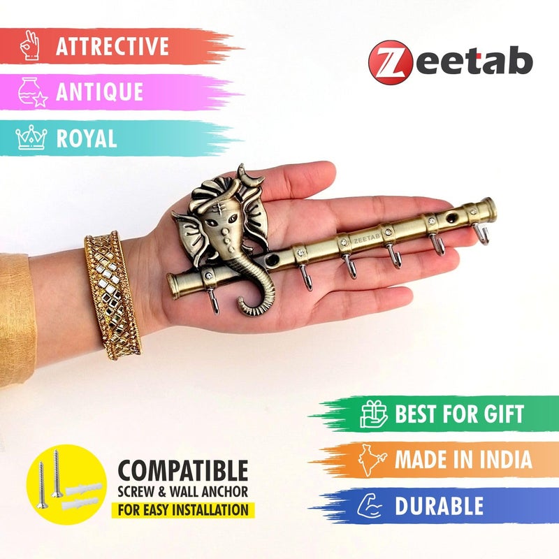 Zeetab Diamond Ganesha Key Holder & Hanger | Metal Lord Ganpati Key Stand with 6 Hook Wall Mount | Home Decor Housewarming Gift (Antique Brass) - Image 4
