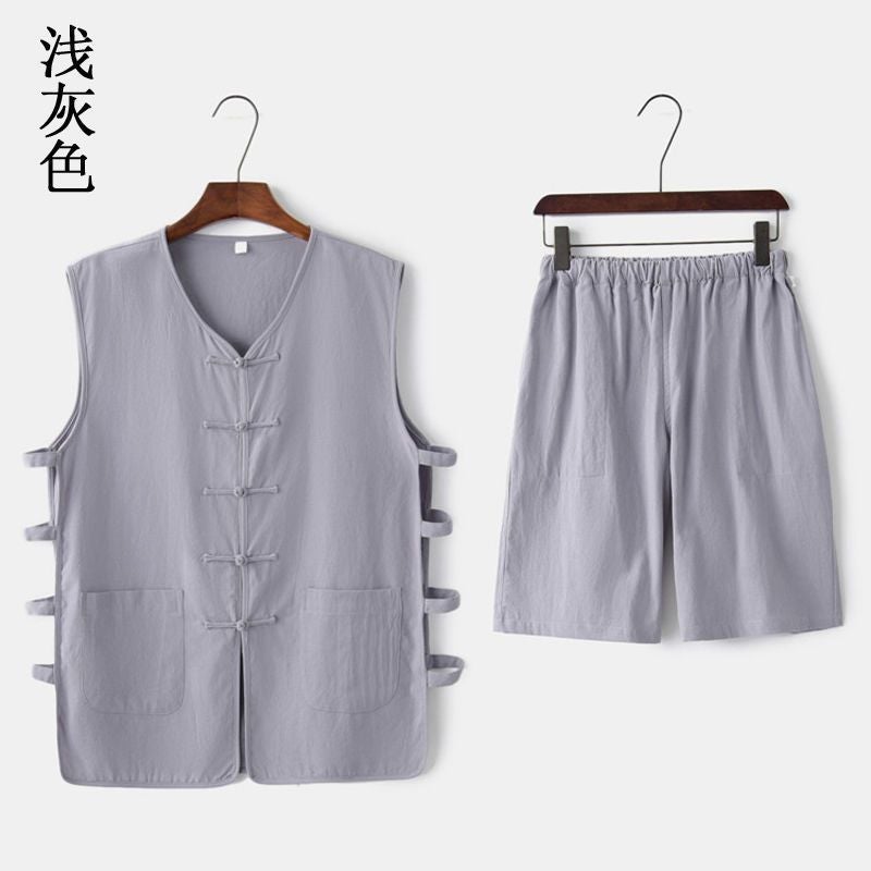 Chinese Style Cotton Linen Vest and Shorts Set for Men earthy yellow suit - Image 2