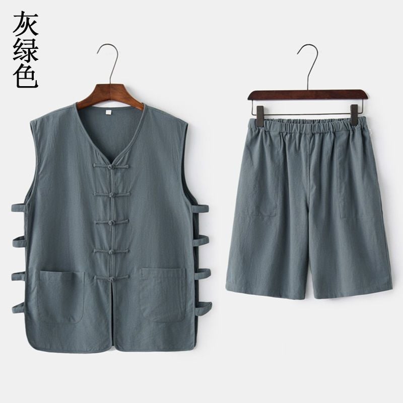 Chinese Style Cotton Linen Vest and Shorts Set for Men earthy yellow suit - Image 5