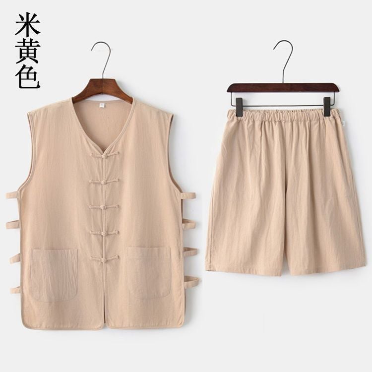 Chinese Style Cotton Linen Vest and Shorts Set for Men earthy yellow suit - Image 1